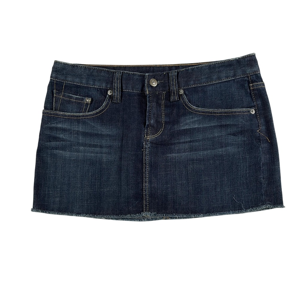 X2 Denim Mini Skirt Womens 4 Blue Low Rise Y2k Raw Cut Hem Embroidered Pockets
